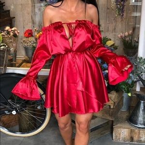 *Never Worn* Red Satin Bardot Flare Dress